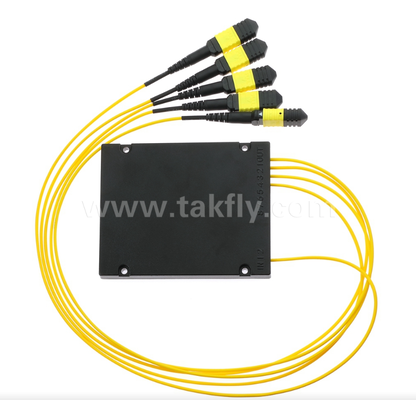 Rozgałęźnik PLC SM 1×4 MPO/MTP – jednomodowy, konfiguracja 1×4, wejście MPO do wyjścia MPO, niska tłumienność wtrąceniowa (≤7,2dB), do okablowania centrów danych o dużej gęstości, systemów z końcówkami końcowymi i dystrybucji FTTx
